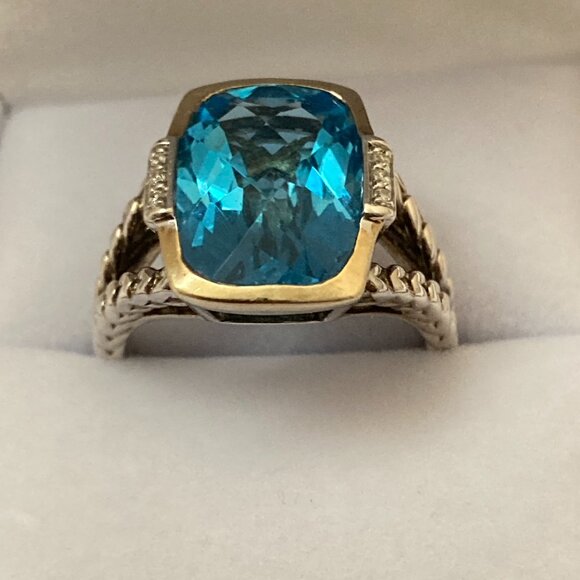 Sterling Silver 14K Yellow Gold Blue Topaz Diamond Ring Size 7 1/2 - Picture 2 of 8